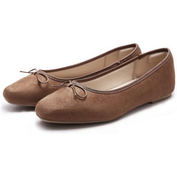 Women's A-brown Polyurethane Round Toe Comfortable Bow Ballet Flats Shoes - Picture 2 of 7